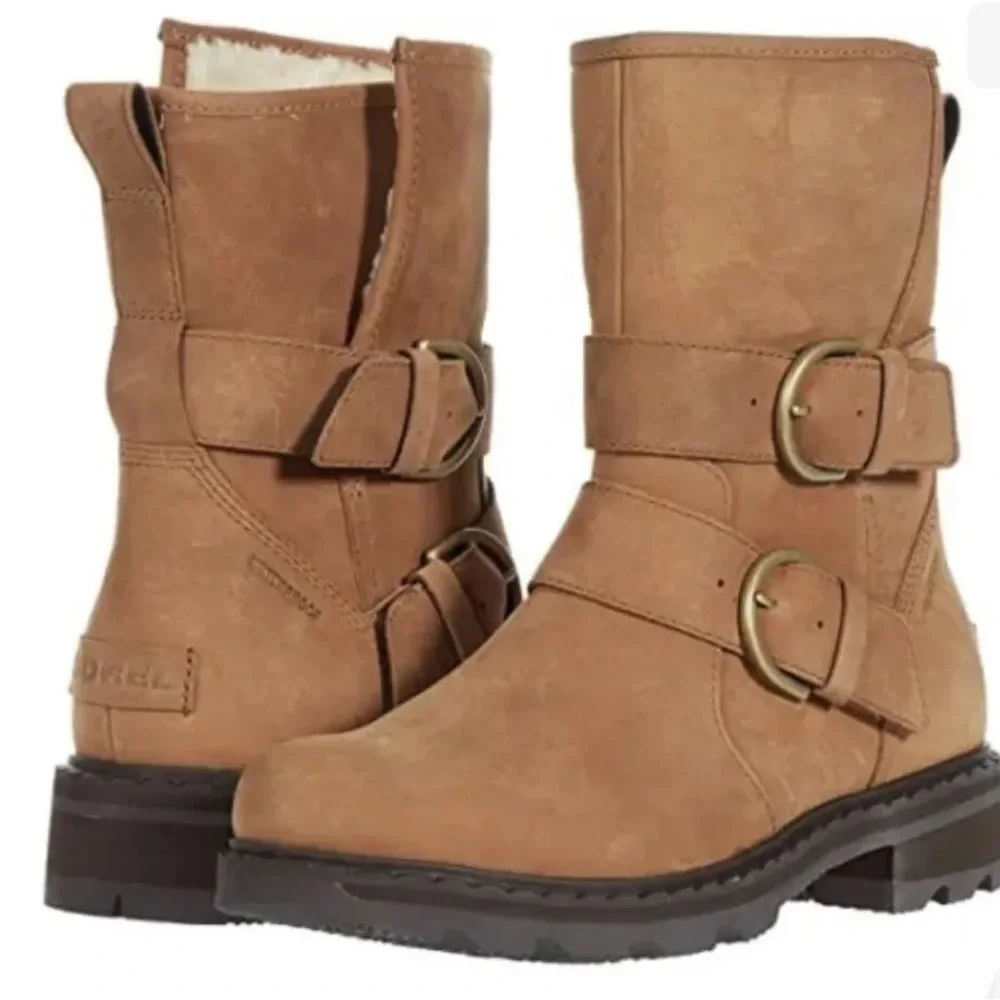 NIB SOREL Tan Waterproof “LENNOX Moto Boot Cozy” Size 5.5 $220 - Picture 2 of 3